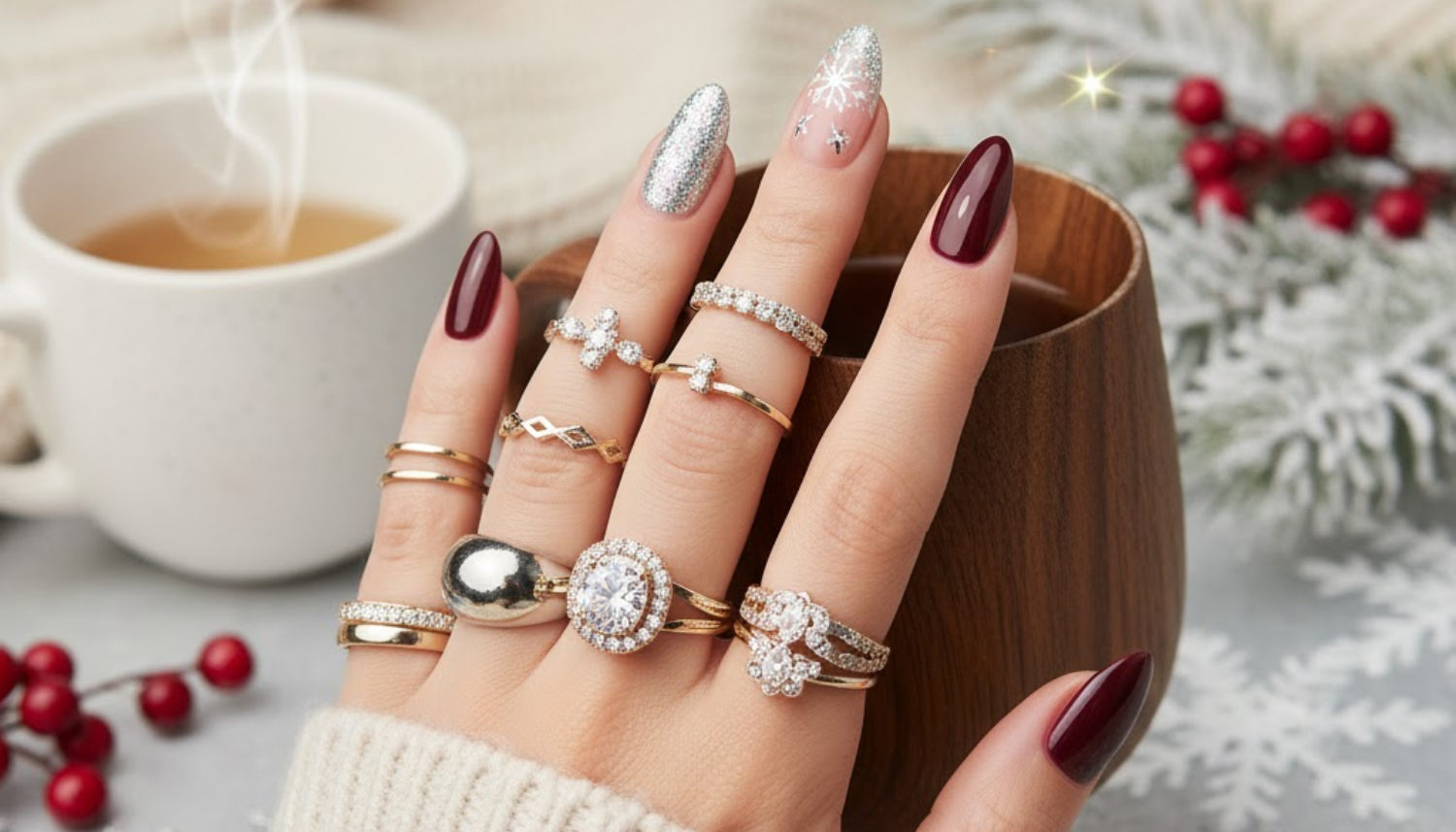 a woman's hand wearing various fashion rings and manicured nails with a cup of coffee and winter elements in the background