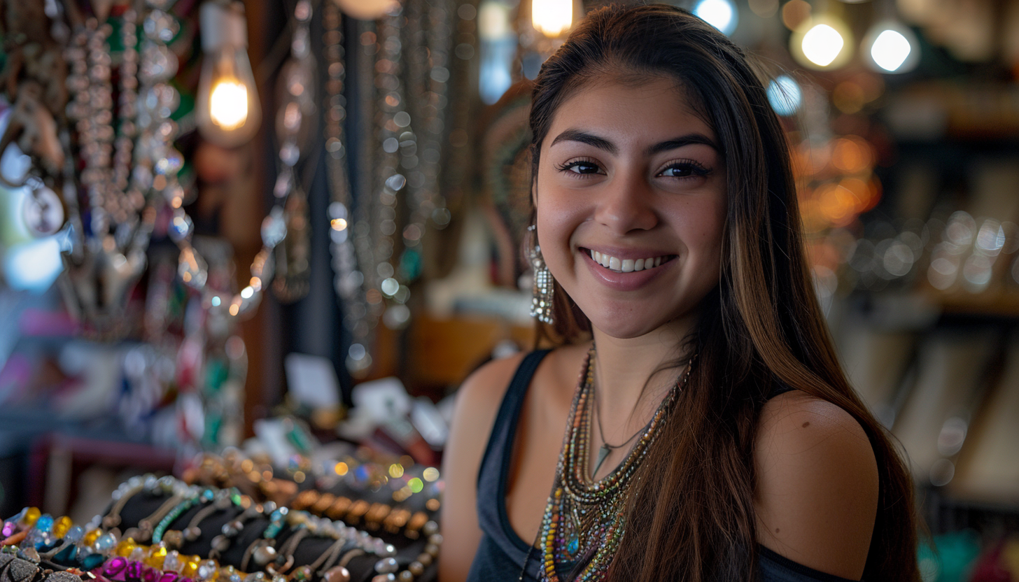 a young female fashion jewelry shop owner smiling beside her jewelry display