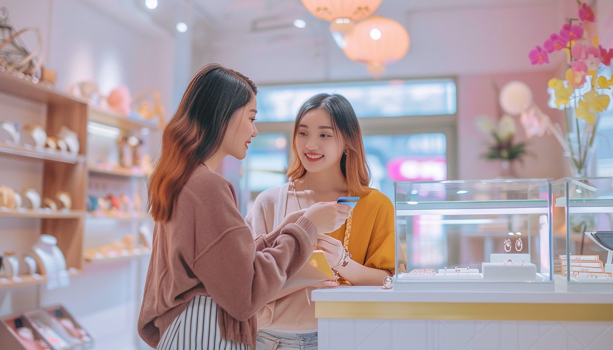 an asian woman is giving her credit card to another asian woman near the counter of a small fashion jewelry store