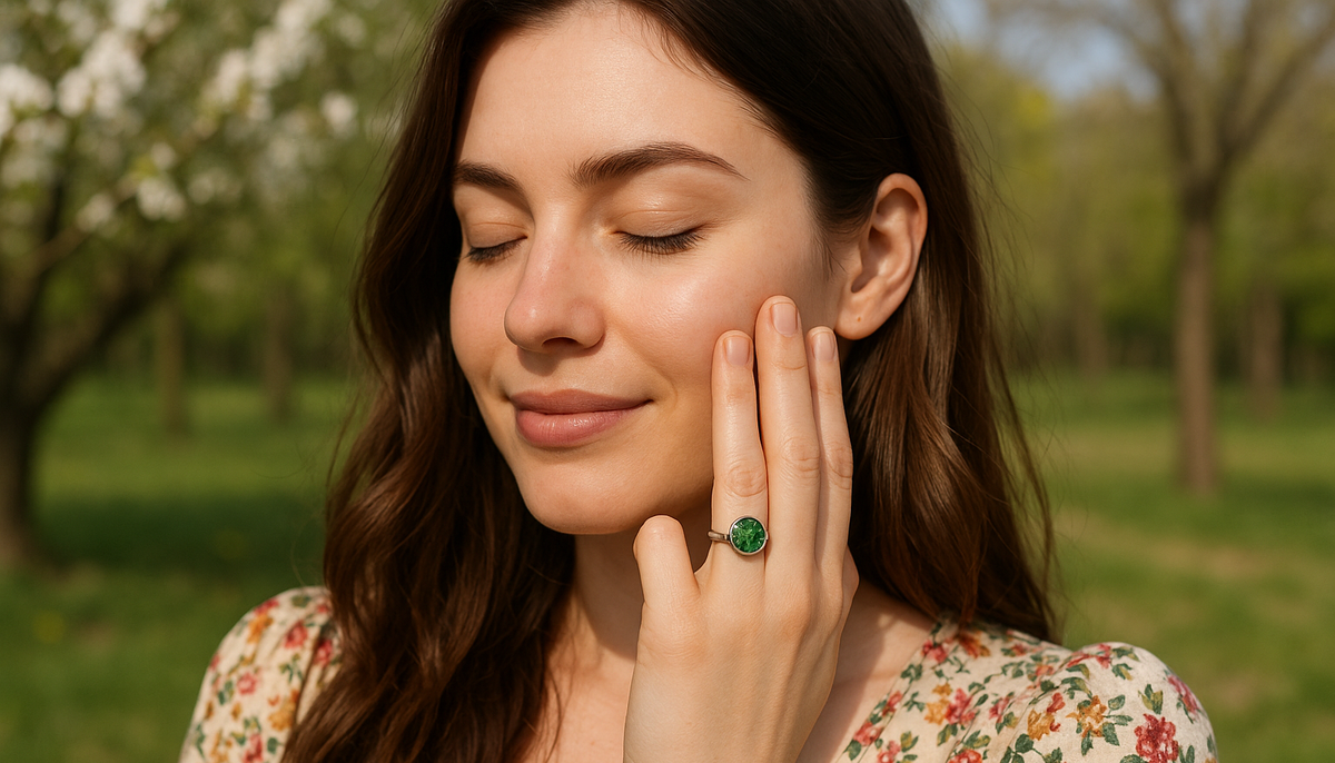 beautiful brunette in the park with her eyes closed wearing a floral top and an emerald crystal ring