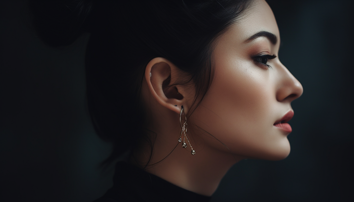 black haired woman's side profile wearing one earring