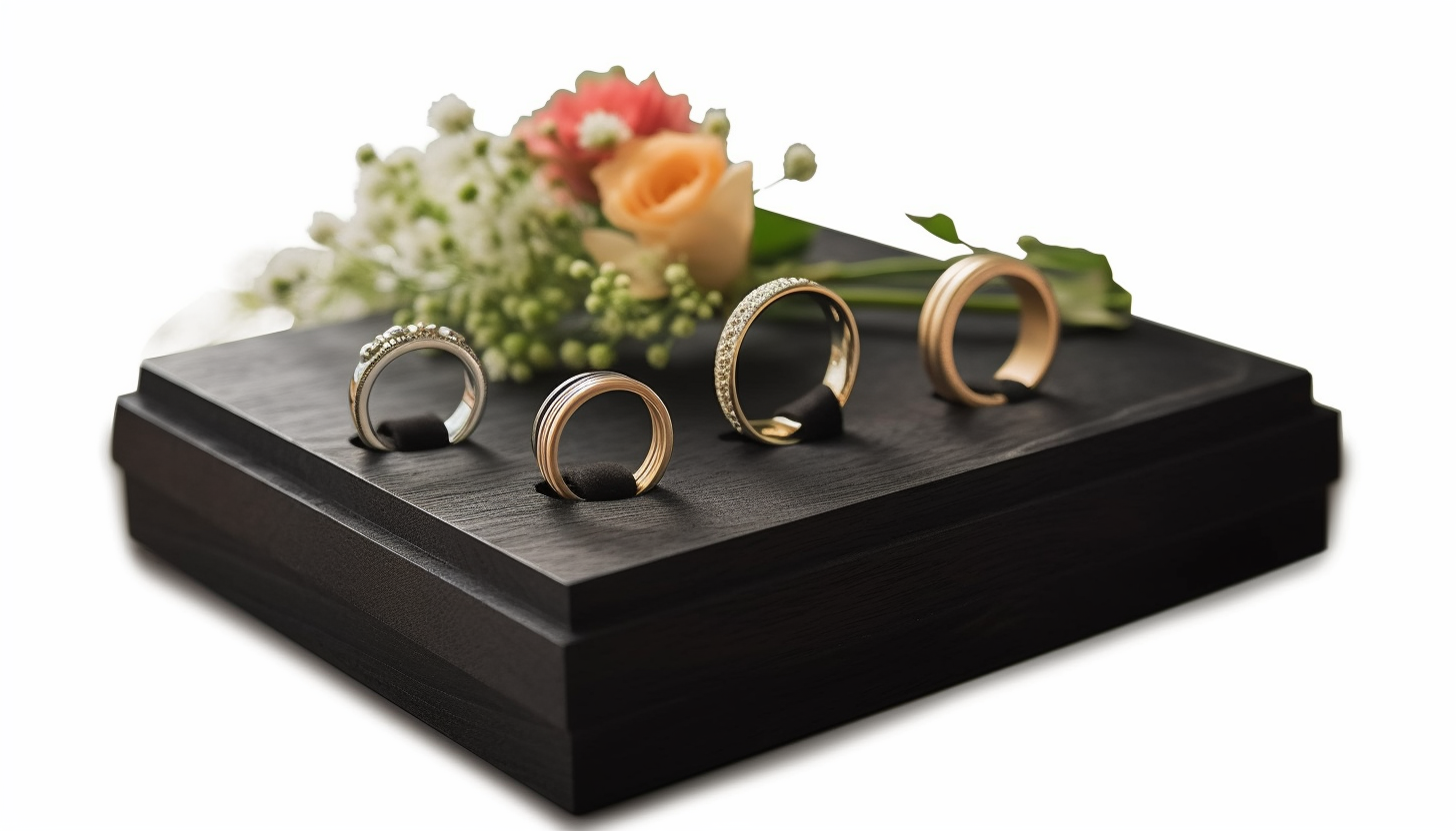 black wooden ring display on a white surface with flowers in the background