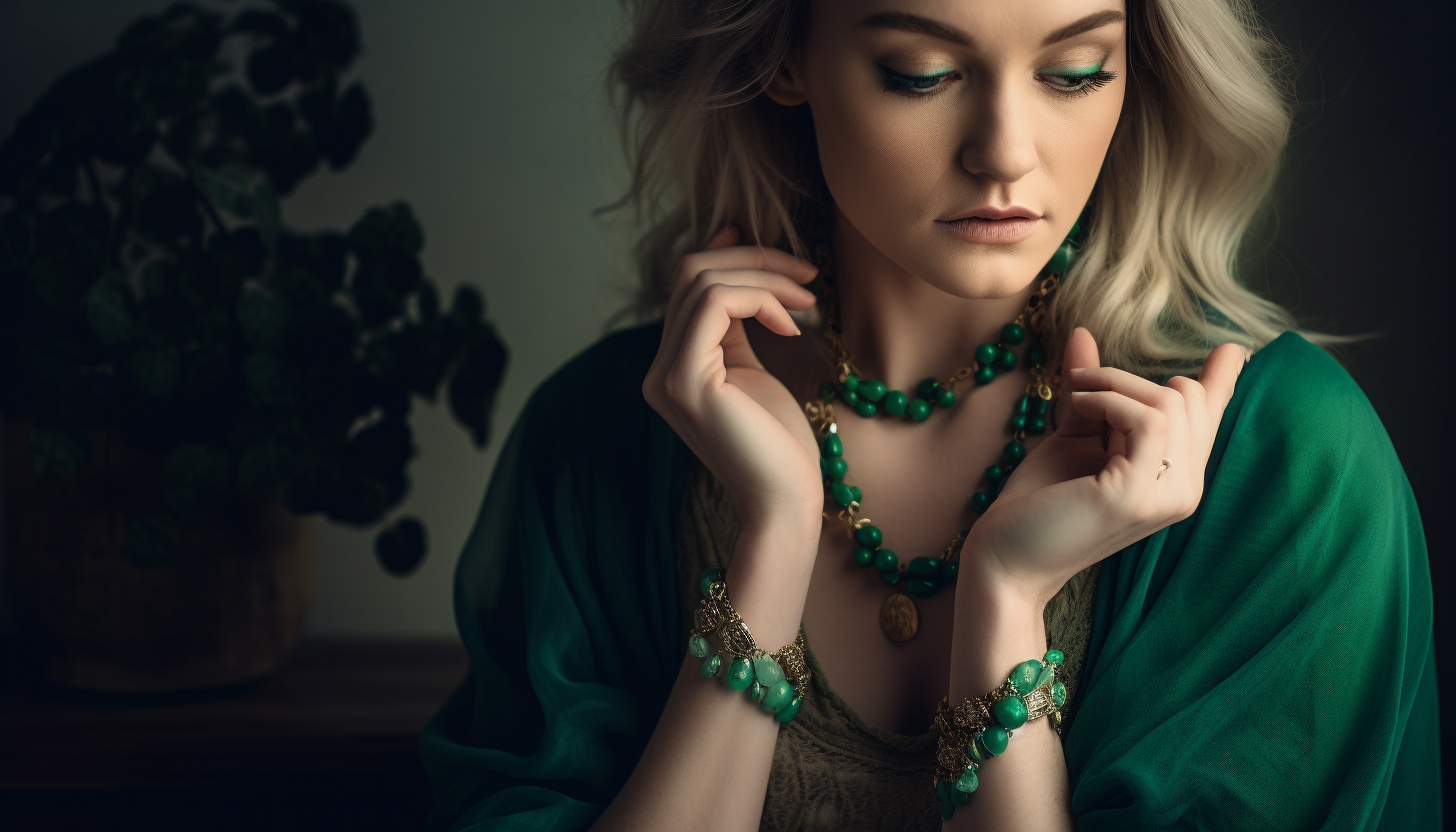 blonde woman wearing green top and green fashion jewelry pieces