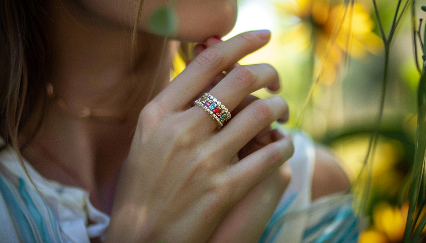 close up of a person's had wearing a fashion ring with crystals in rainbow colors