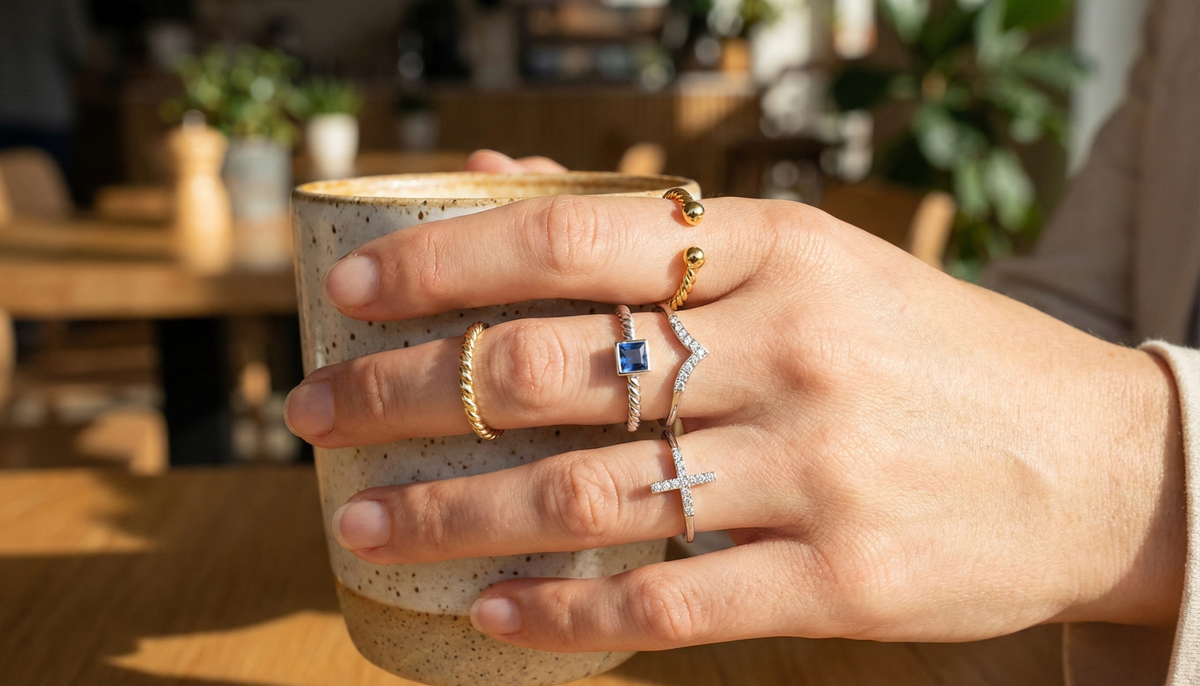 close up of a woman's hand holding a cup and wearing stacking minimal rings