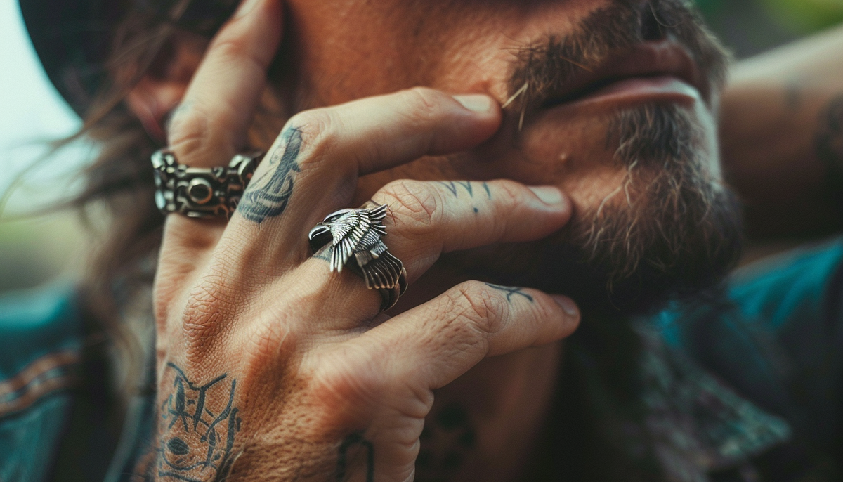 close up photo of a man's hand on his face wearing a stainless steel fashion ring with an eagle design