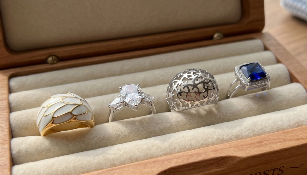 close up shot of a ring box with four Ceri Jewelry wholesale fashion rings