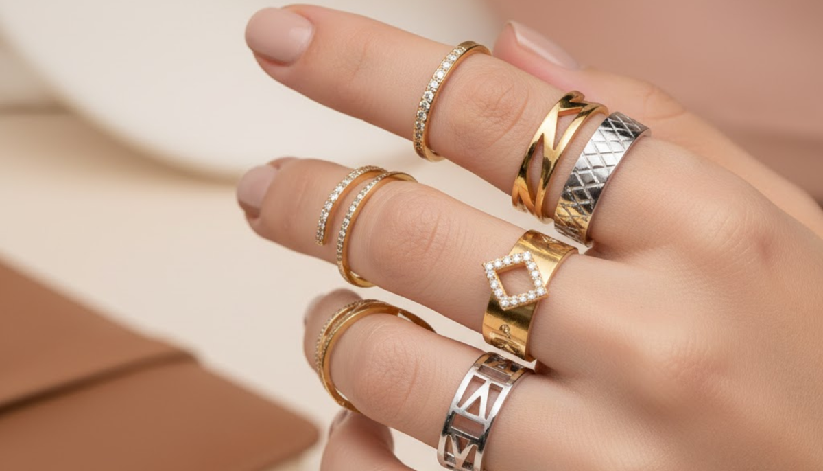 close up shot of a woman's hand wearing fashion rings on all fingers