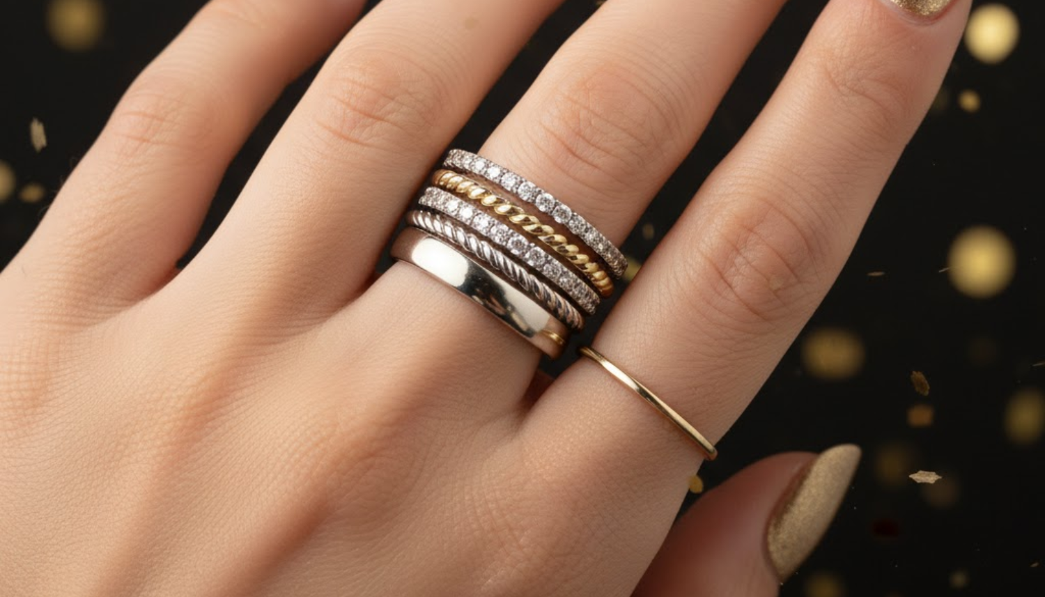 close up shot of a woman's hand wearing stackable fashion rings with a blurred festive background
