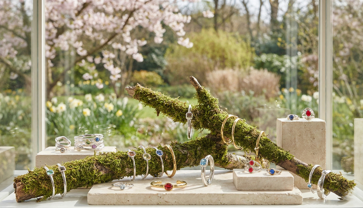 crystal fashion rings displayed on a mossy twig as part of a spring themed jewelry display