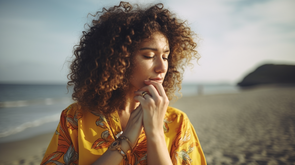curly haired woman wearing a boldly patterned yellow summer dress and showing off  cocktail ring on left hand on a sunny summer day at the beach