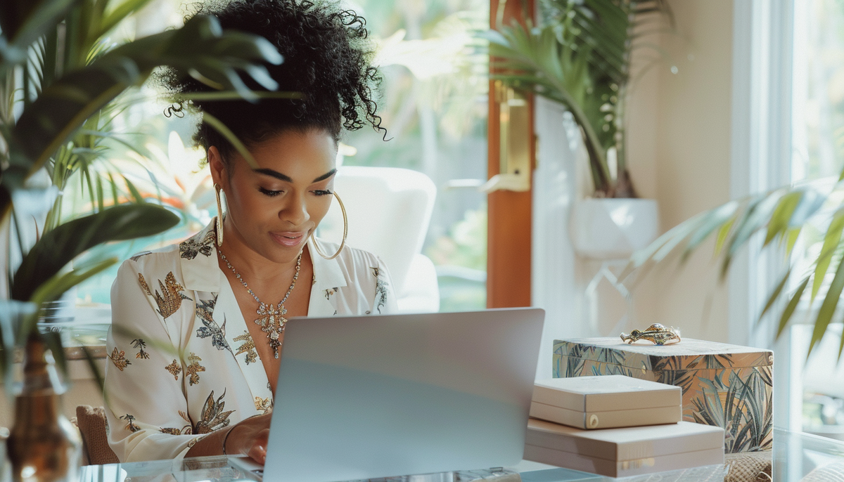 curly haired woman wearing fashion jewelry in front of her laptop