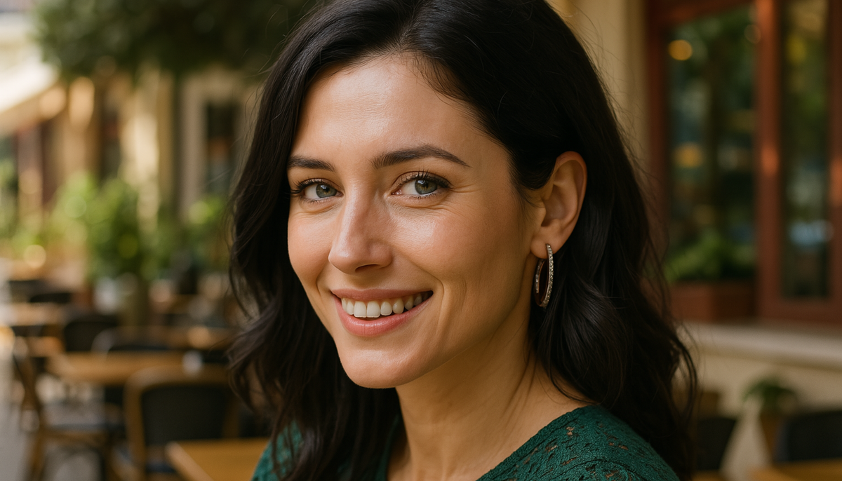 dark haired woman wearing hoop earrings and emerald green lacey top