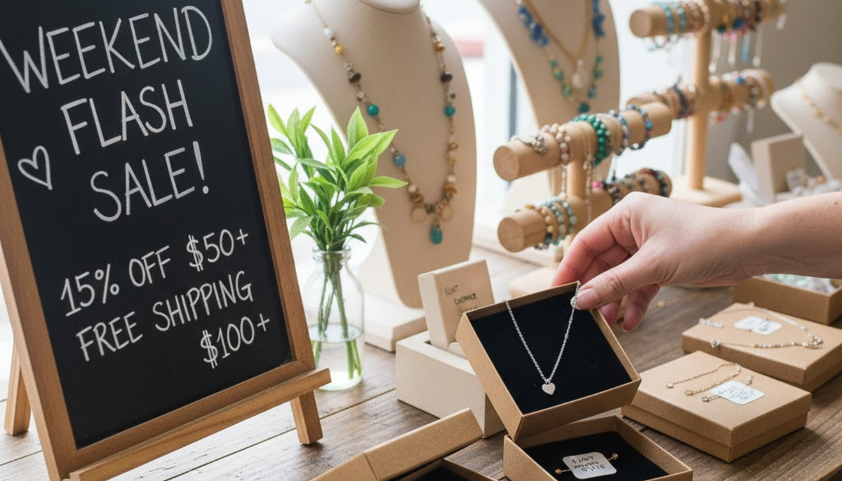 fashion jewelry display with a small sign promoting weeend flash sale
