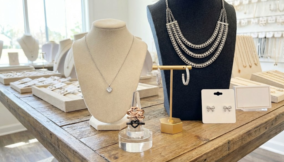 fashion jewelry on display in a small jewelry store during the daytime