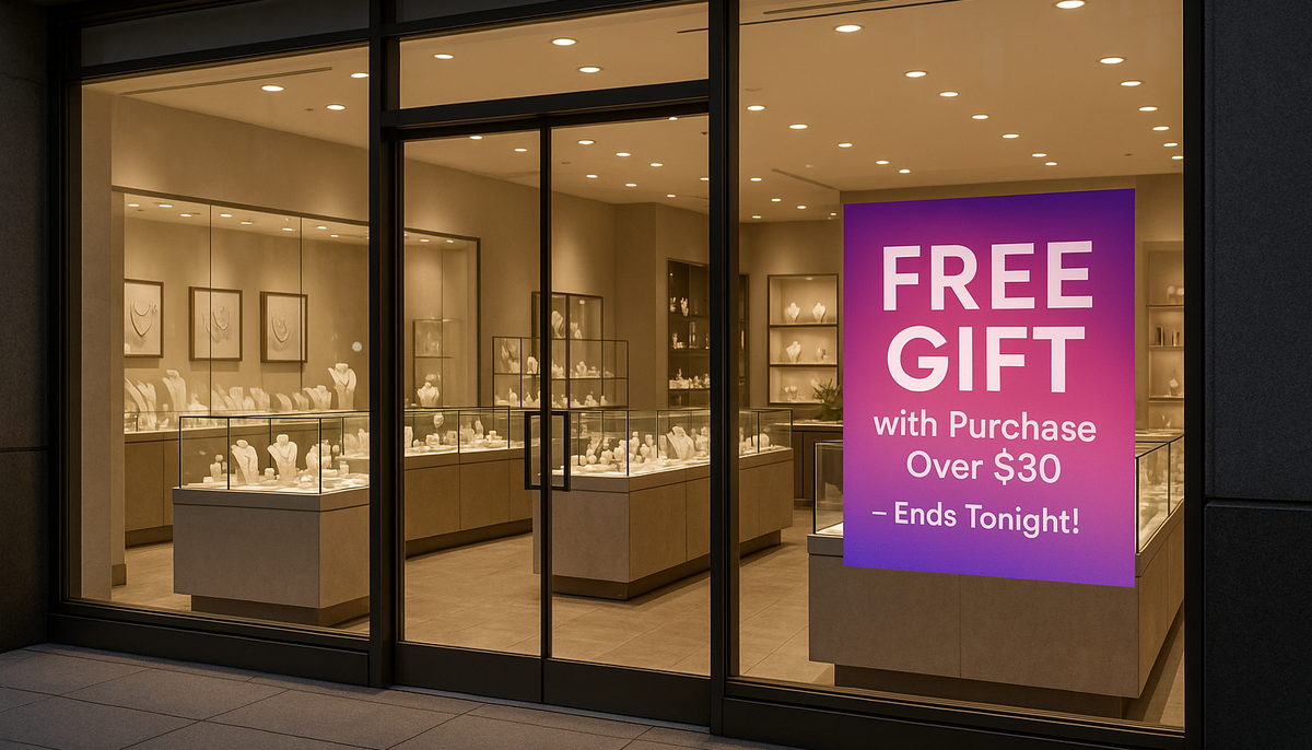 fashion jewelry store glass windows with a sign that says Free Gift with Purchase Over $30 – Ends Tonight!