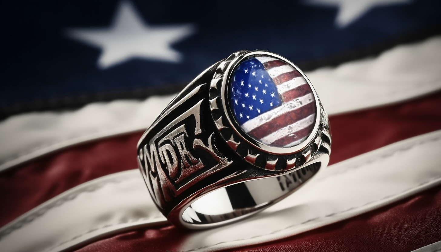 fashion ring with the US flag design with an actual flag at the background