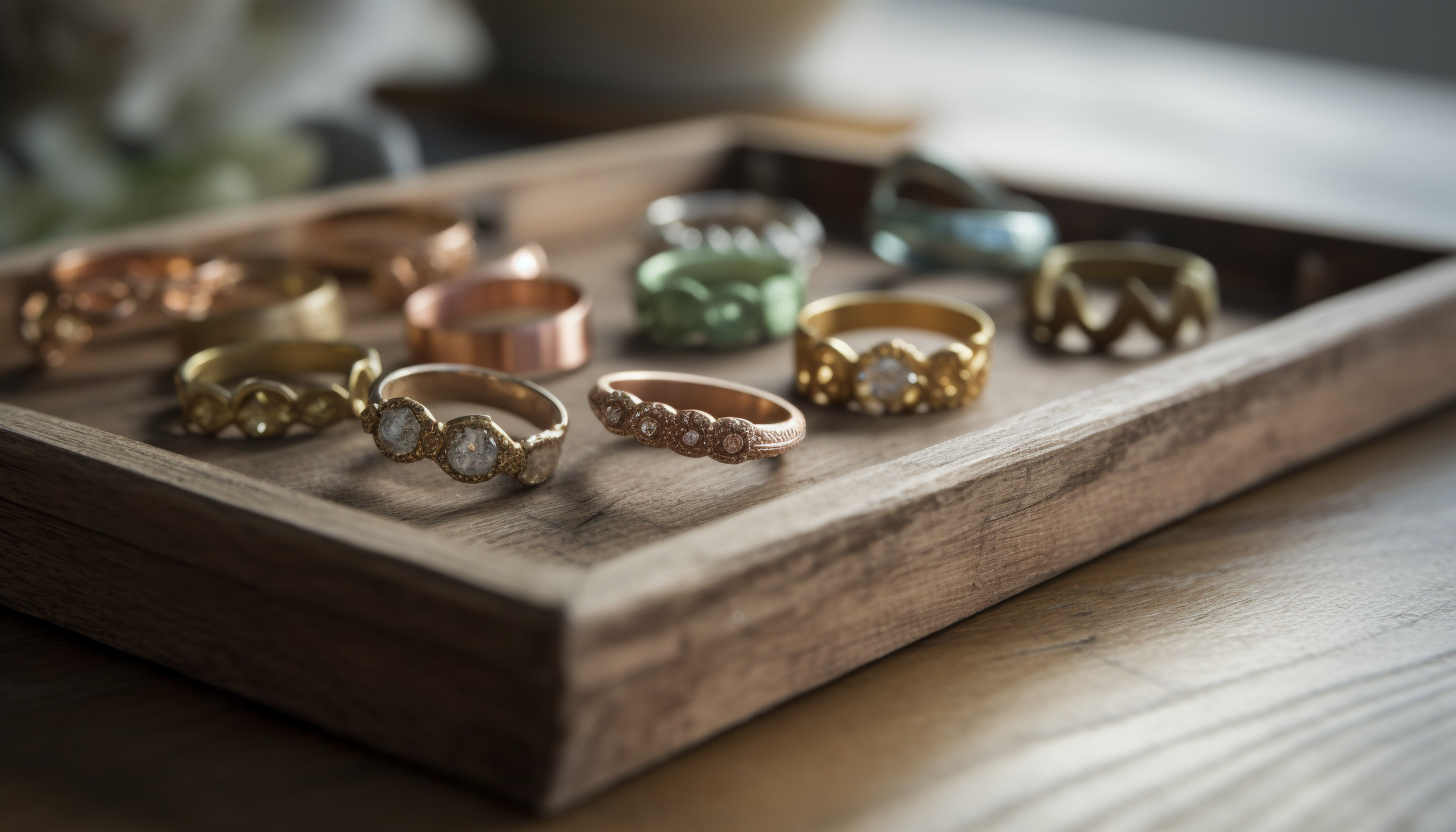 fashion rings on a wooden display tray