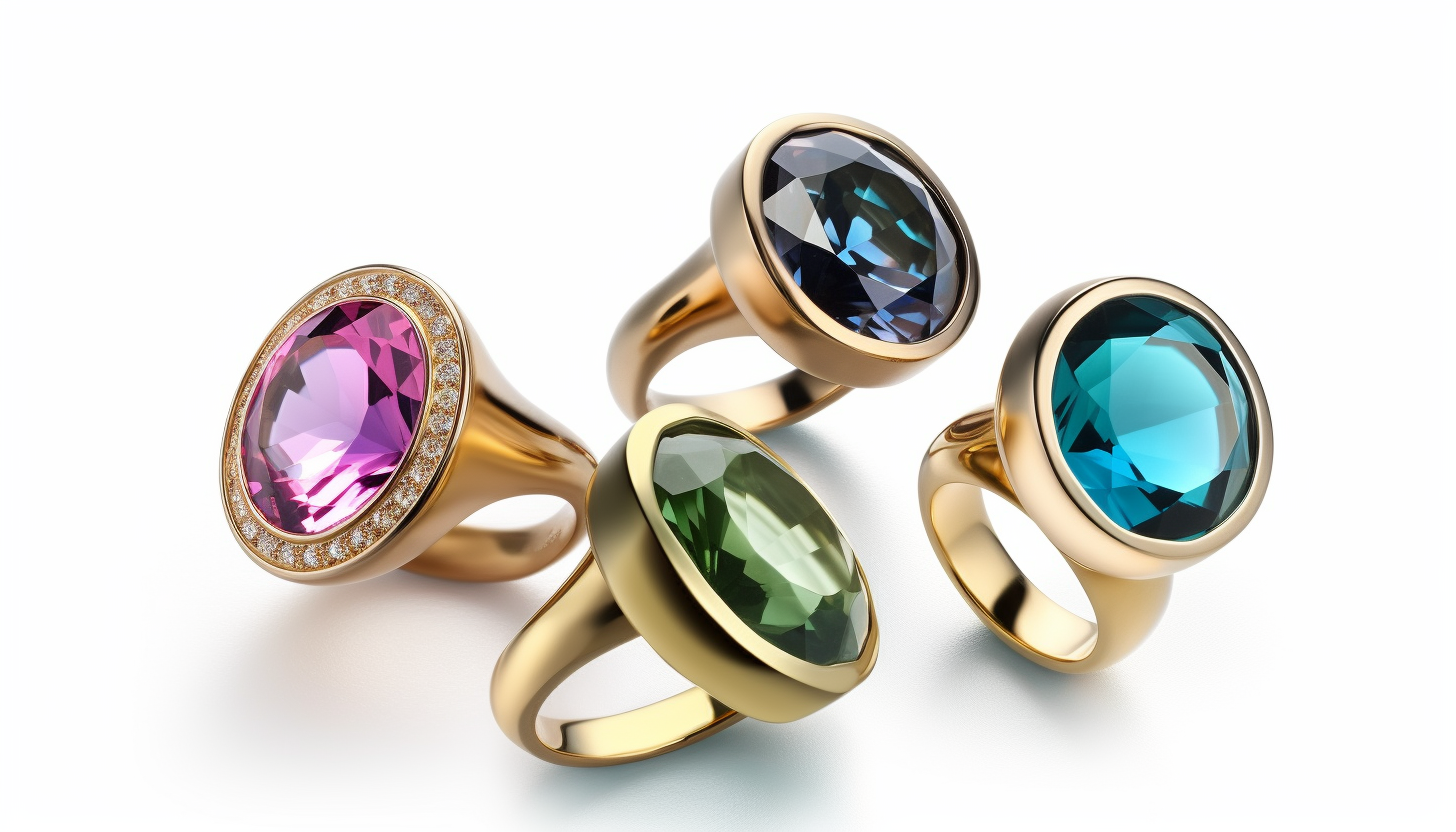 fashion rings with colorful crystal accents on white surface