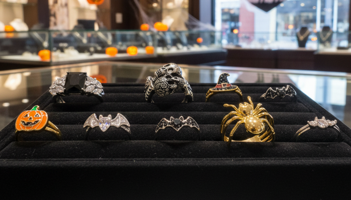 fashion rings with designs perfect for halloween in a black tray in a jewelry shop with halloween decors