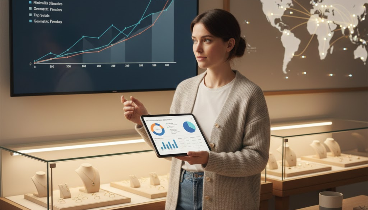 female jewelry business owner presenting sales trends inside her jewelry store