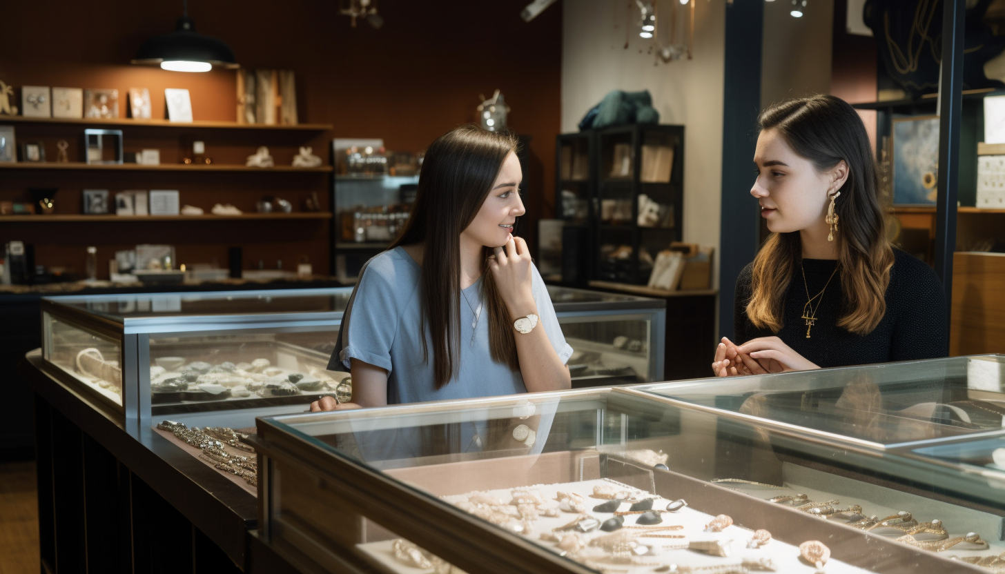 female jewelry store staff behind talking to female customer
