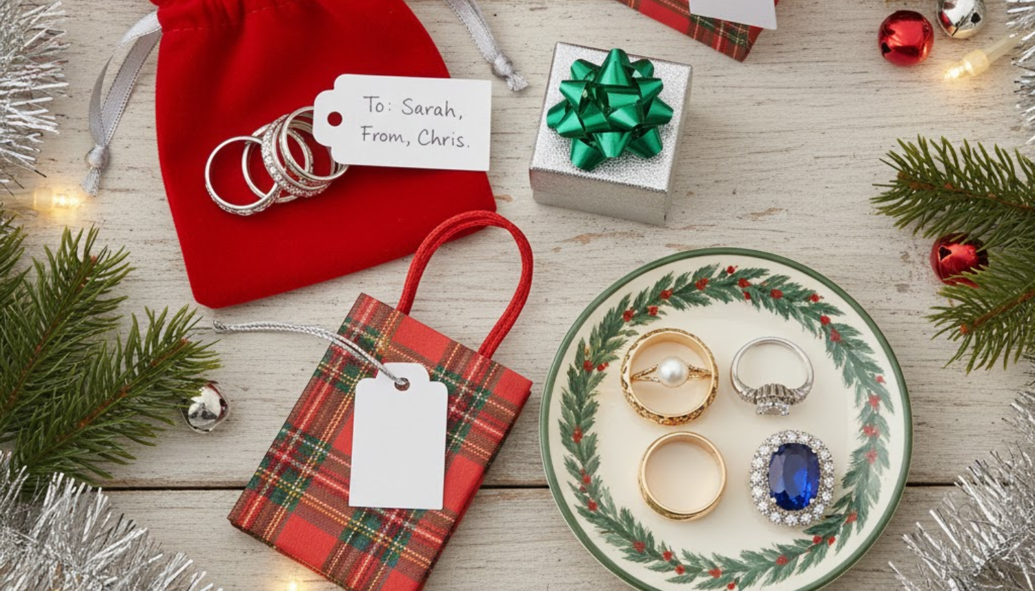 flatlay of fashion rings, gift packaging, and christmas decor on a white wooden surface