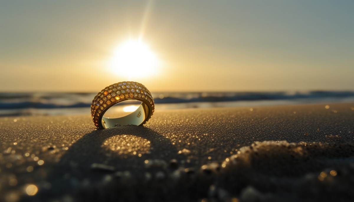gold-plated stainless steel ring with yellow crystals, on the sand on the beach, on a summer day, sun setting