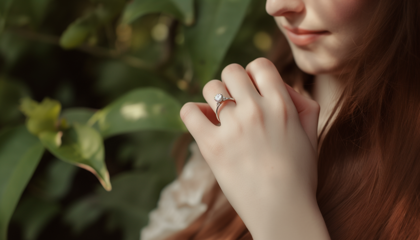 hand of redhead wearing a solitaire moissanite fashion ring