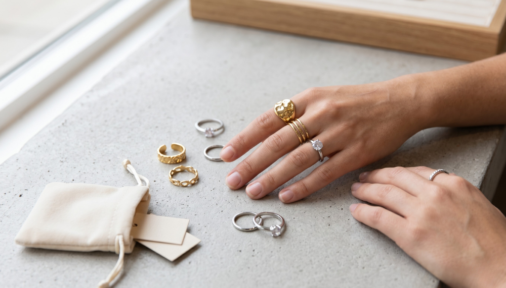 hands of two persons on a gray surface wearing fashion rings and some other fashion rings near their hands