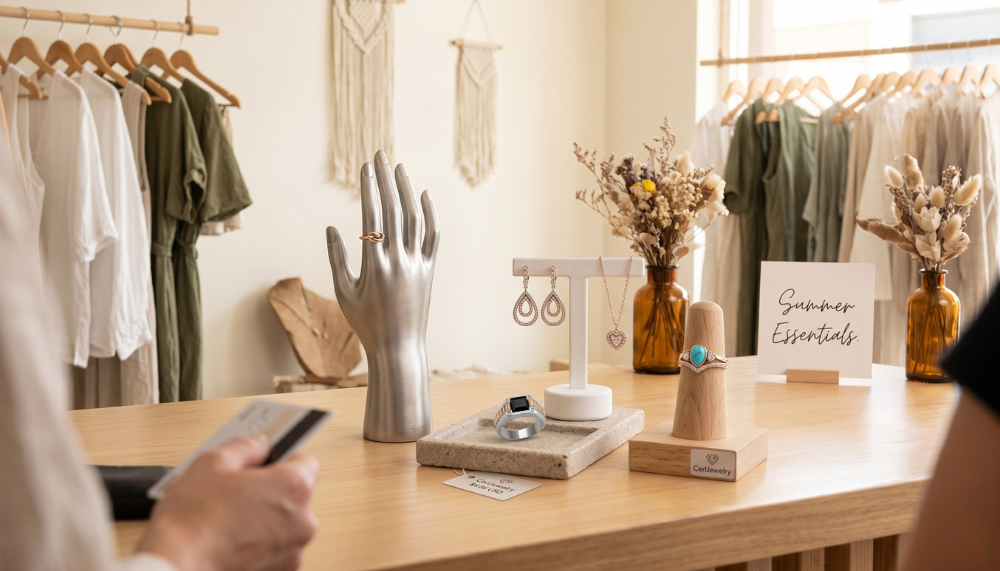 inside a boho themed boutiqe selling clothes and fashion jewelry on display with a small sign that says Summer Essentials