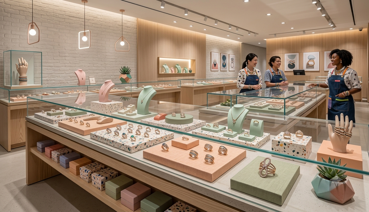 inside a fashion jewelry shop with peach and sage theme colors