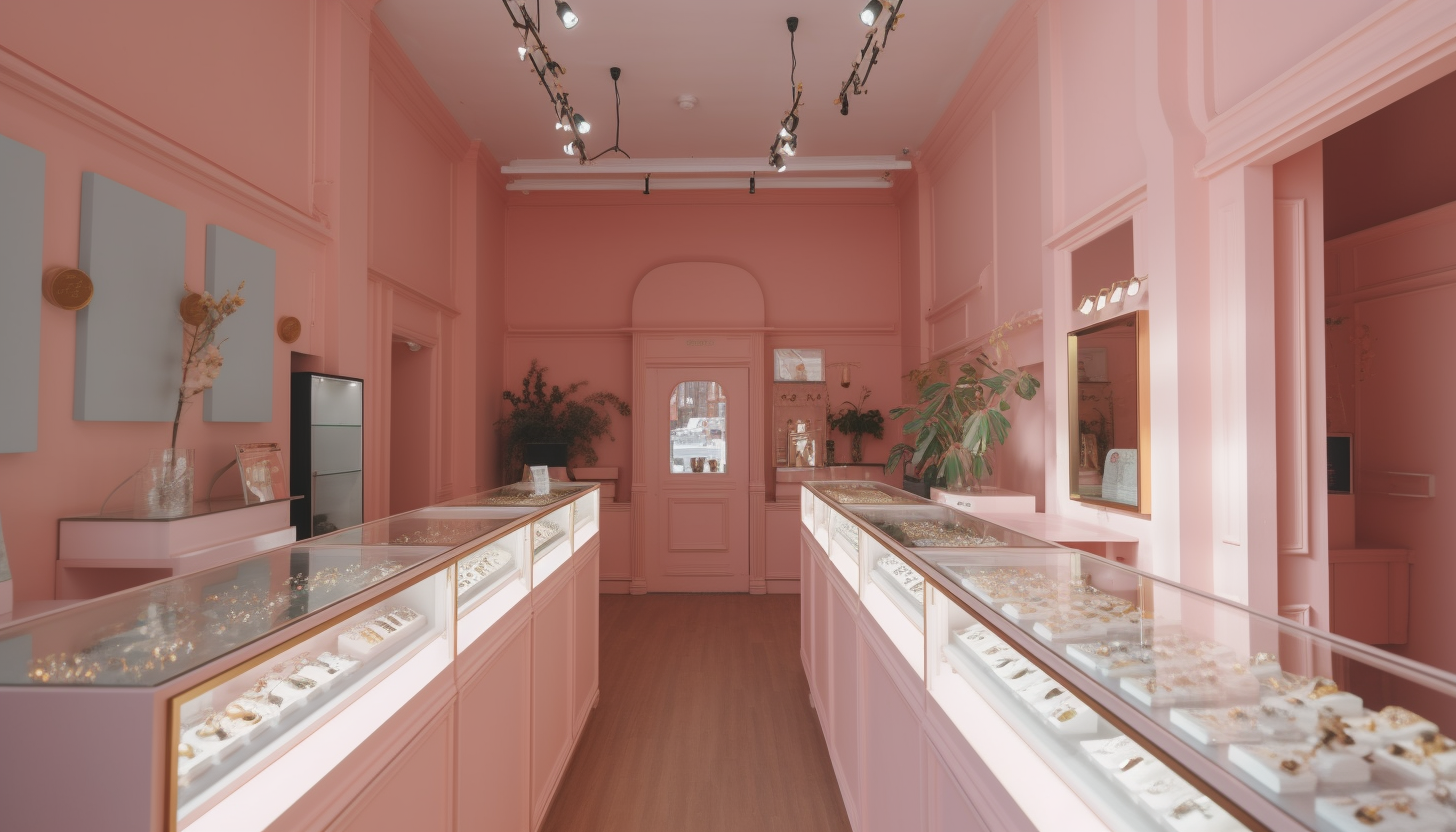 interior of a jewelry store with beautiful pastel pink walls