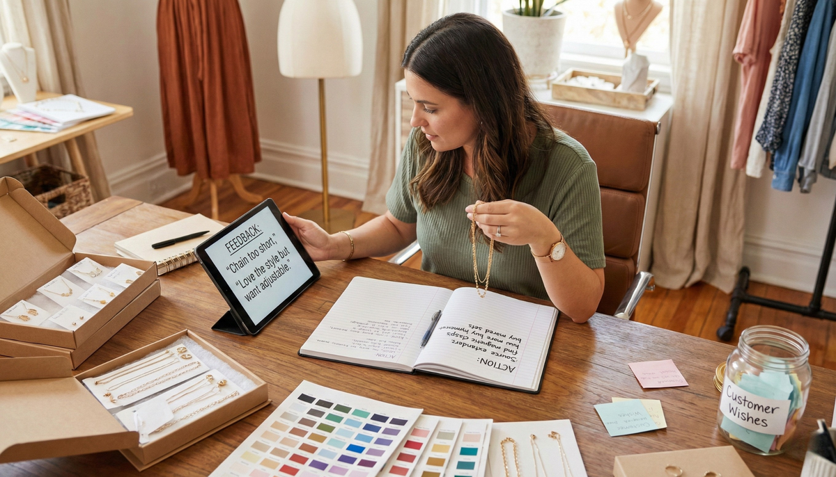 jewelry shop owner at her work desk checking out customer feedback on her tablet while holding up a necklace. on the table are several fashion jewelry, a big notebook and a jar with papers labeled