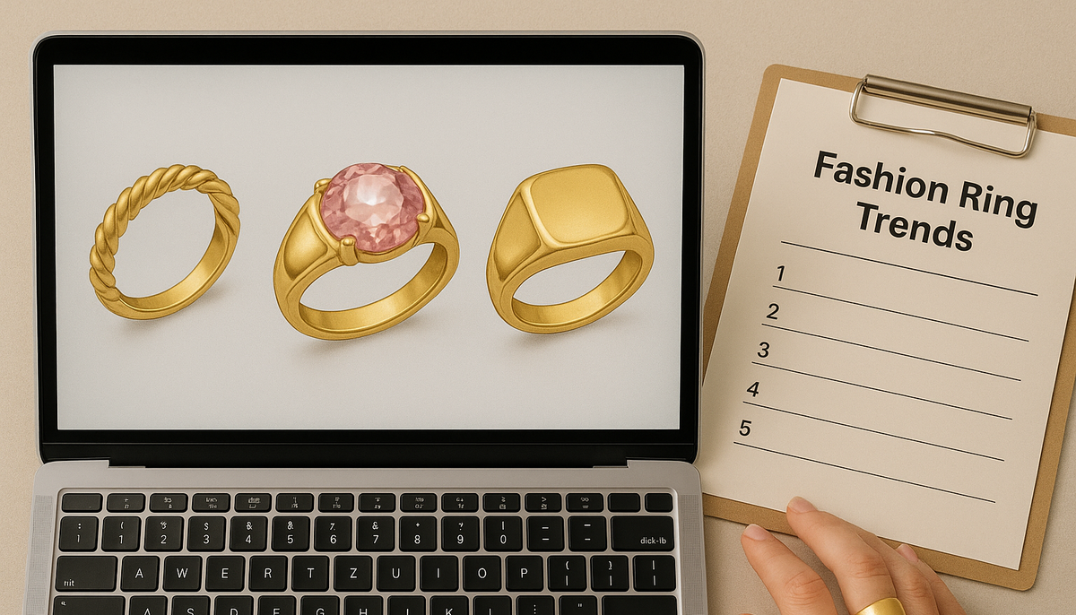 laptop showing there gold plated stainless steel rings on the monitor and  small clipboard on the right that says Fashion Ring Trends