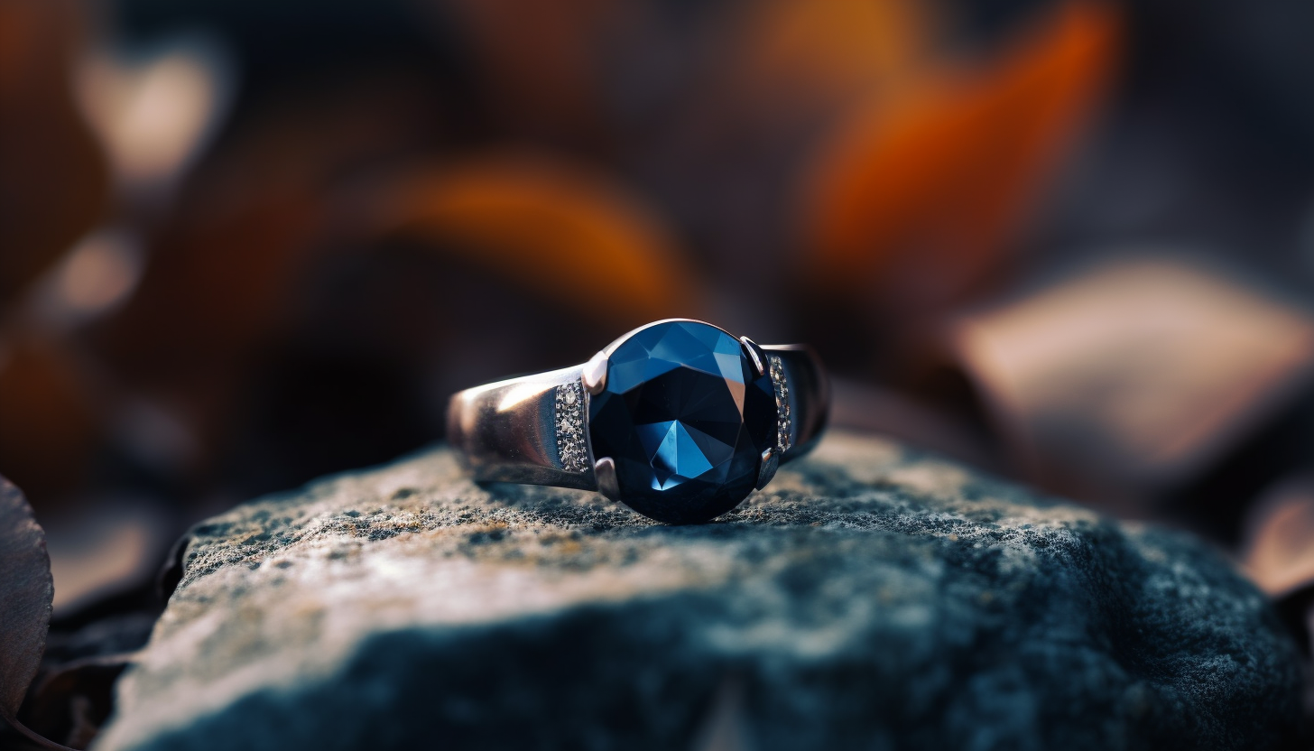 macro photography of a fashion ring with a synthetic blue spinel center stone