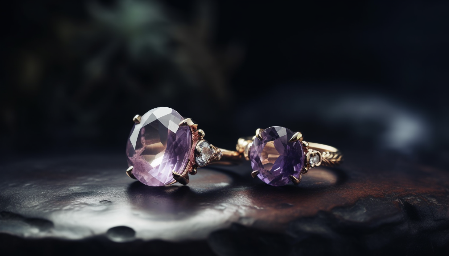 macro photography of two fashion rings with purple crystal accents on a wooden surface