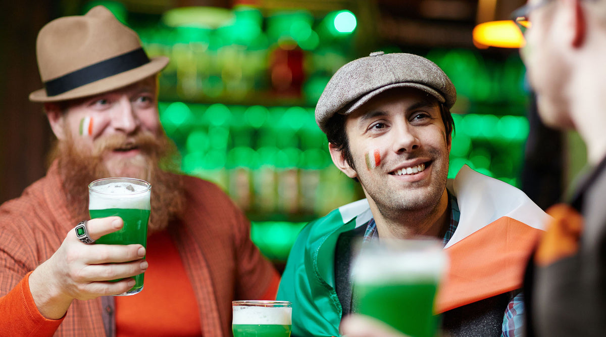 men celebrating st patricks day one wearing a fashion rings with emerald crystal