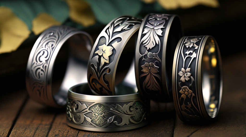 men's floral rings on a wooden surface with blurred flowers in the background