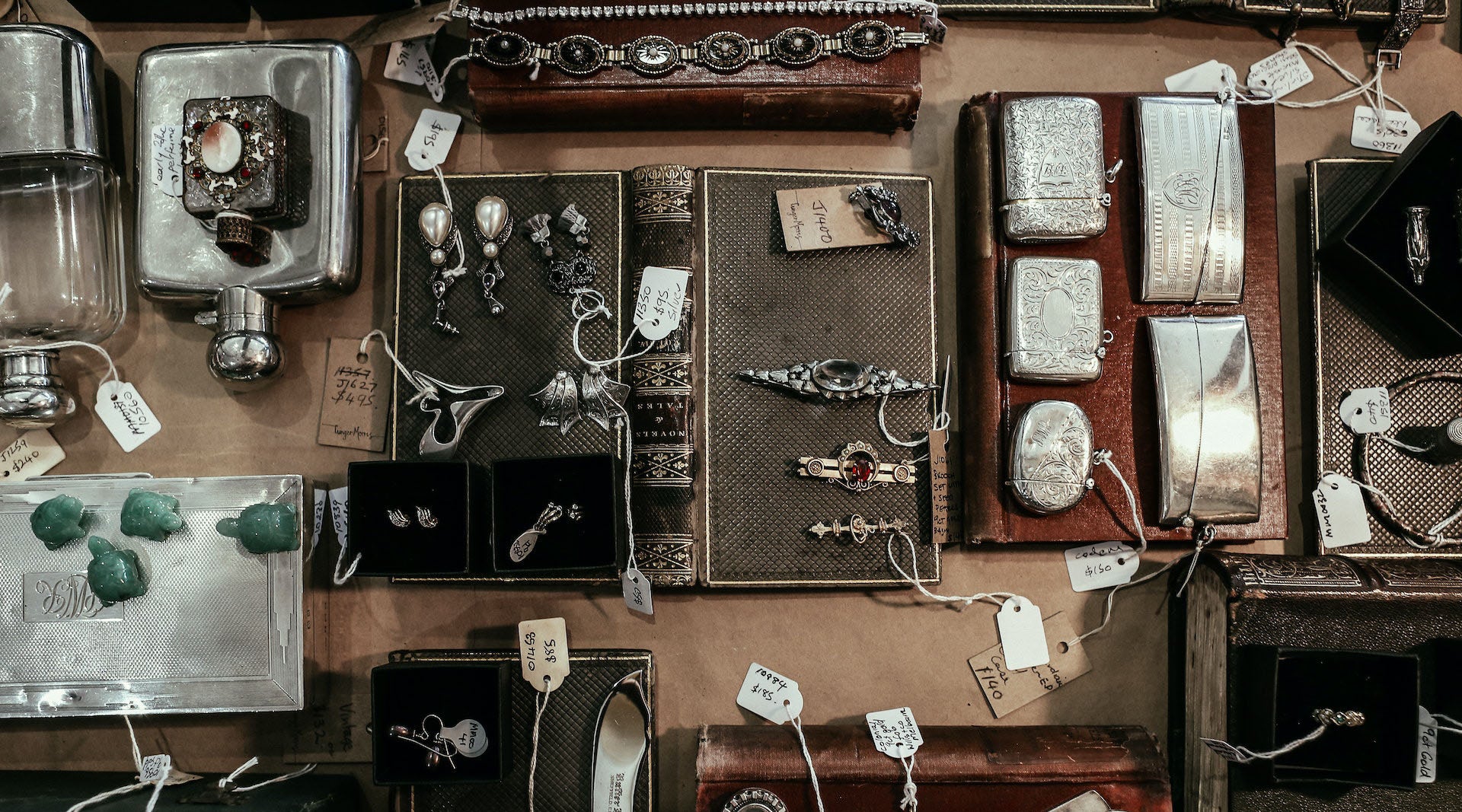 flat lay shot of antique fashion jewelry for sale