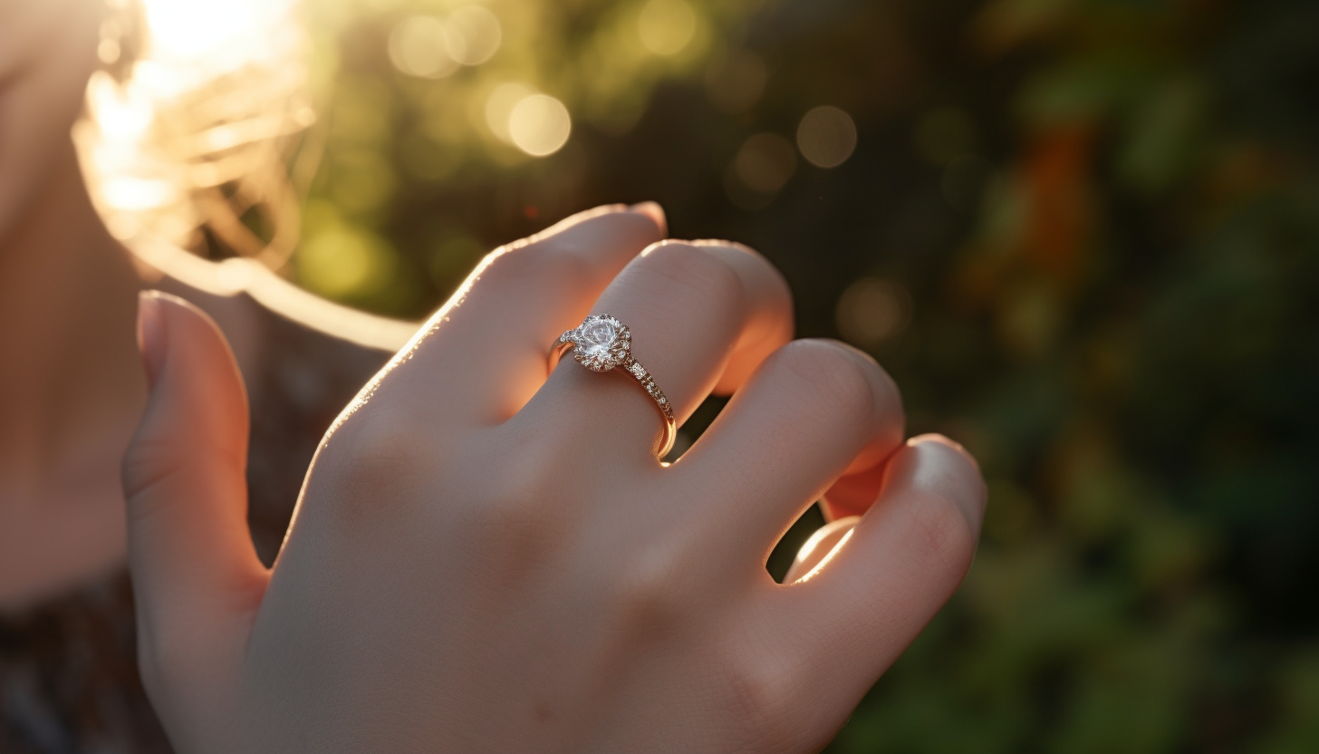 selctive foxus photography of a woman's hand wearing a fashion ring with moissanite accents