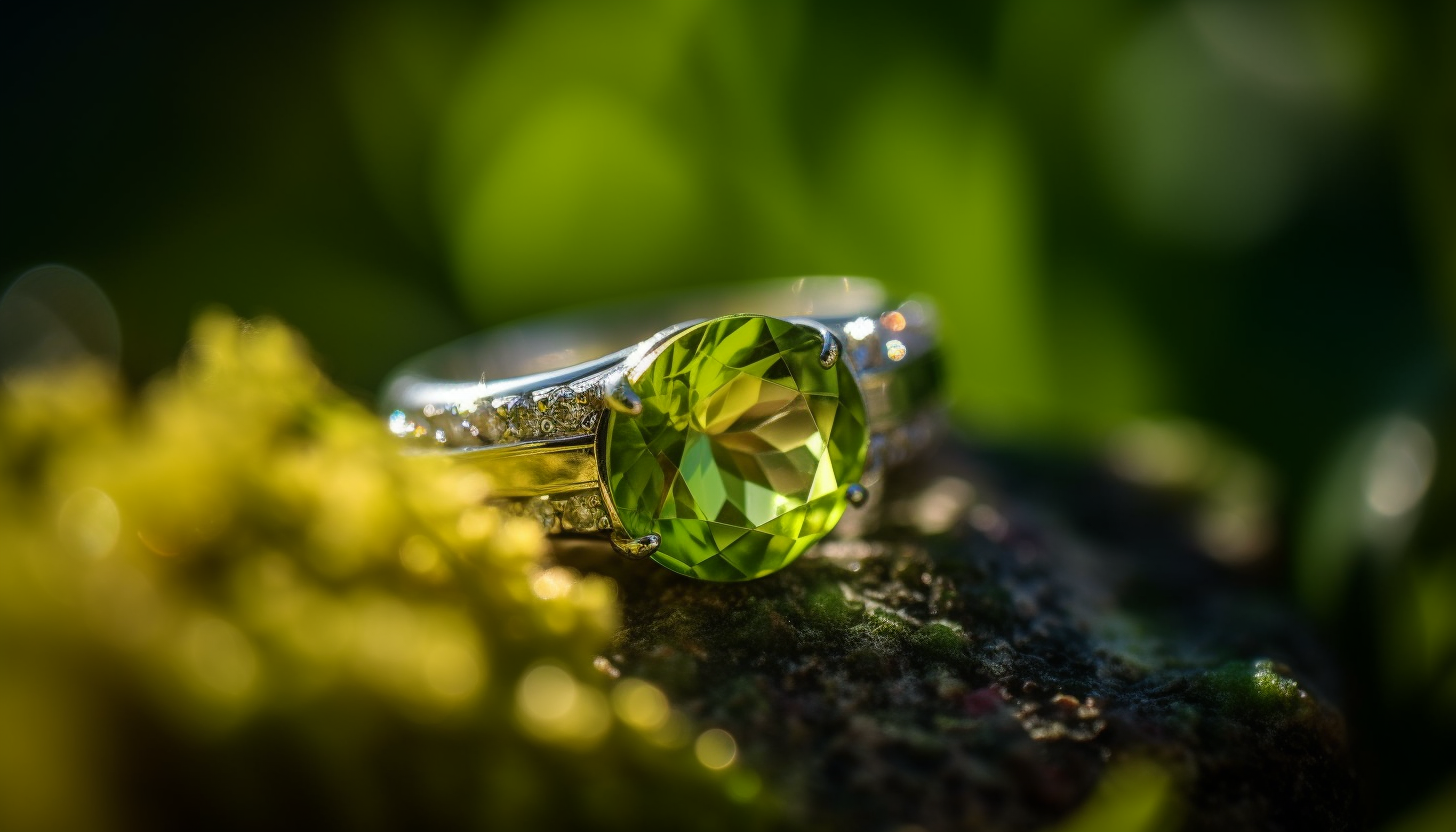 selective focus of a peridot-colored crystal fashion ring with clear crystal accents
