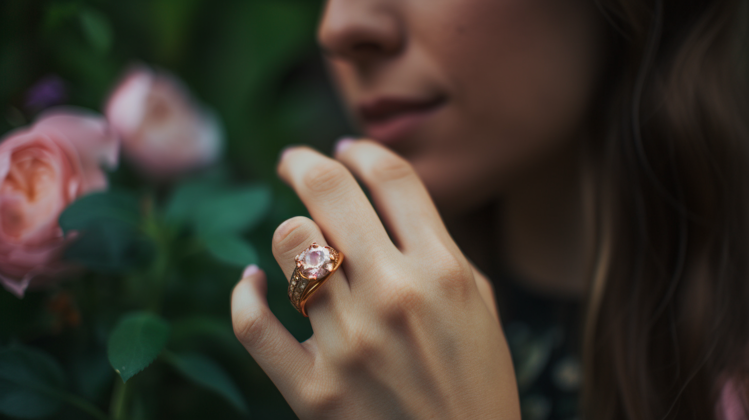 selective focus of woman's hand wearing a rose gold fashion ring with flowers in the background