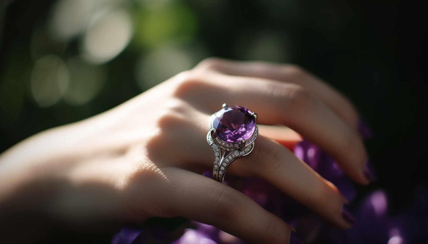 selective focus photo of a woman's hand wearing solitaire purple CZ fashion ring