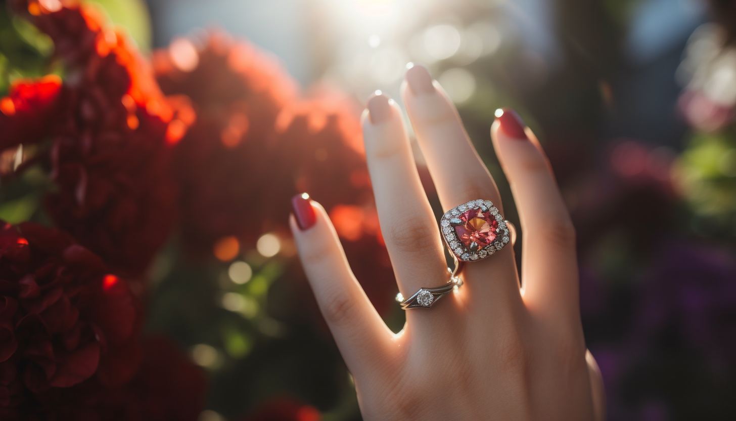 selective focus photo of a woman's hand with red nail polish wearing ruby CZ fashion ring with red flowers in the background
