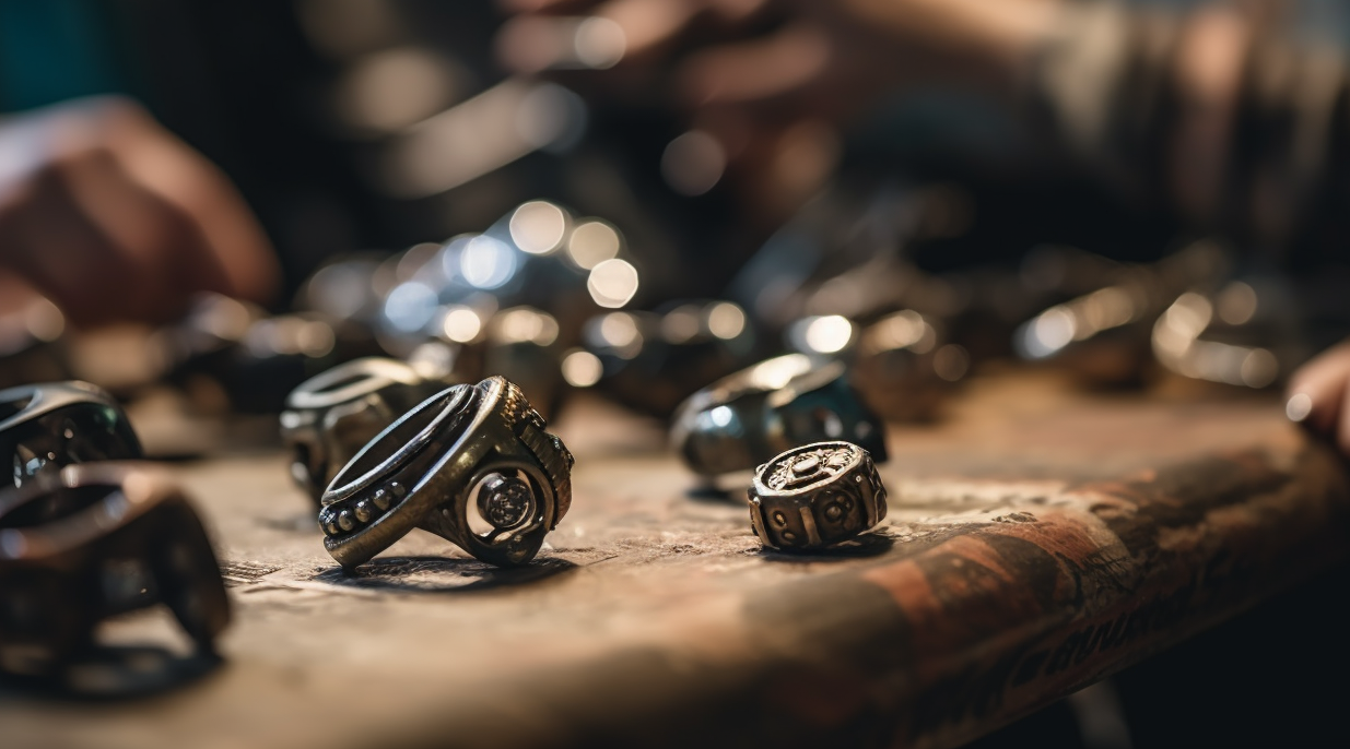 selective focus photo of biker rings on wooden table