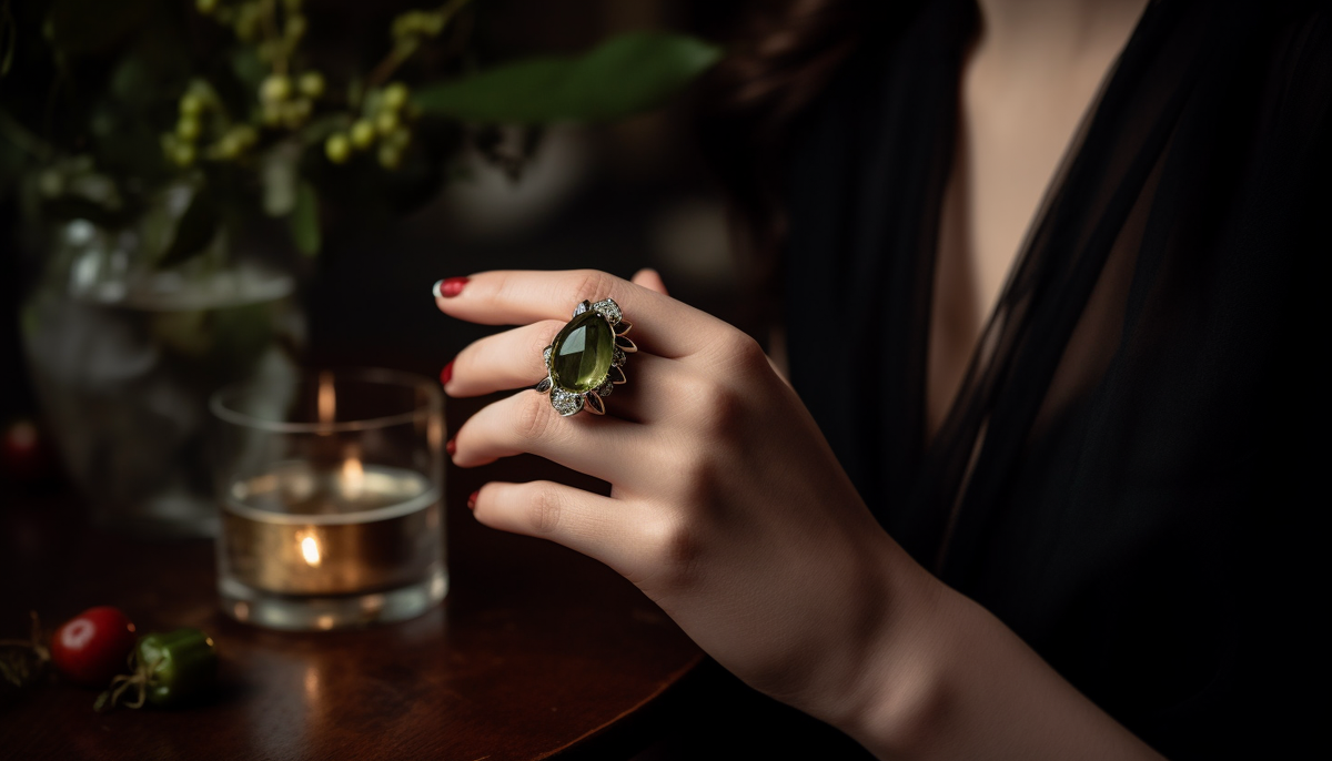 selective focus photo of woman's hand wearing a green crystal fashion ring