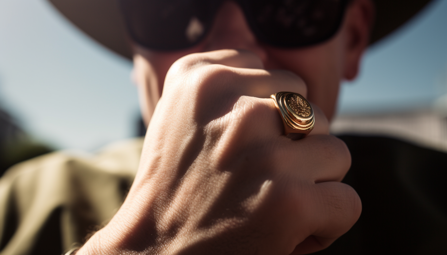 selective focus photograph of a middle-aged man's hand wearing a gold-plated military ring