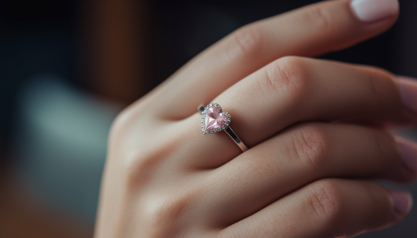 selective photography of a woman's hand wearing a fashion ring with a heart-shaped pink CZ center stone