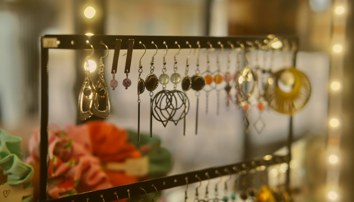 a rack with earrings hanging from it's sides
